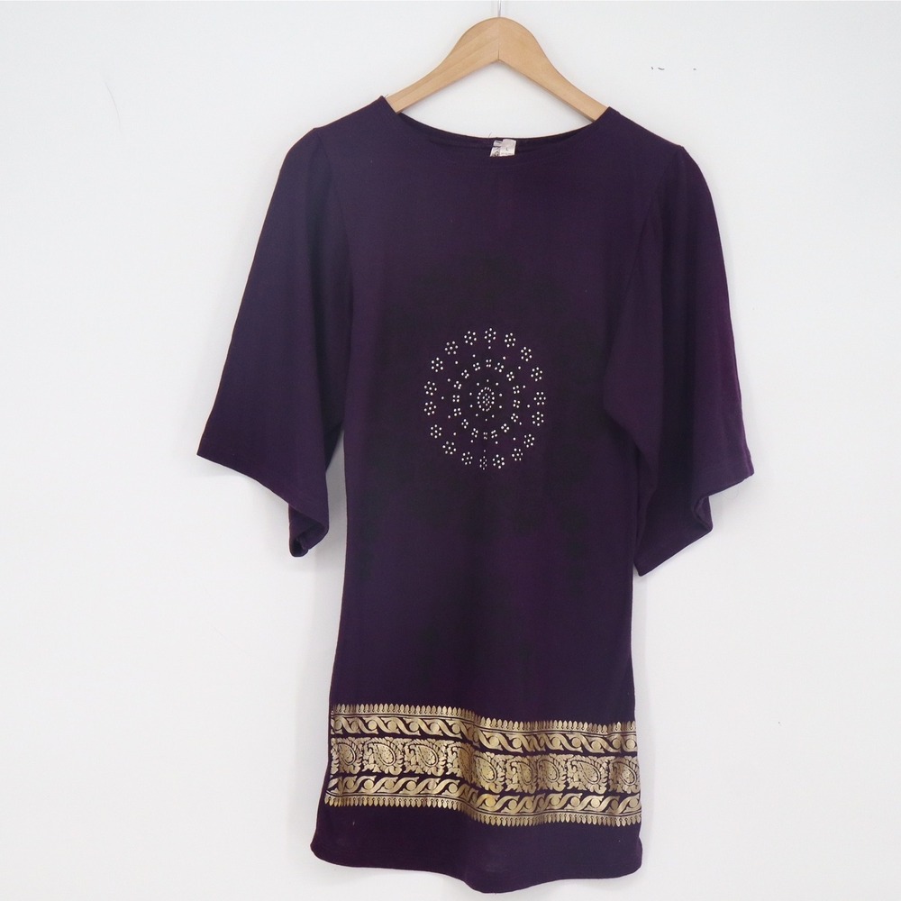 People Passion Tunic Womens L Boho Flutter Sleeve Purple Gold Rhinestone Exc